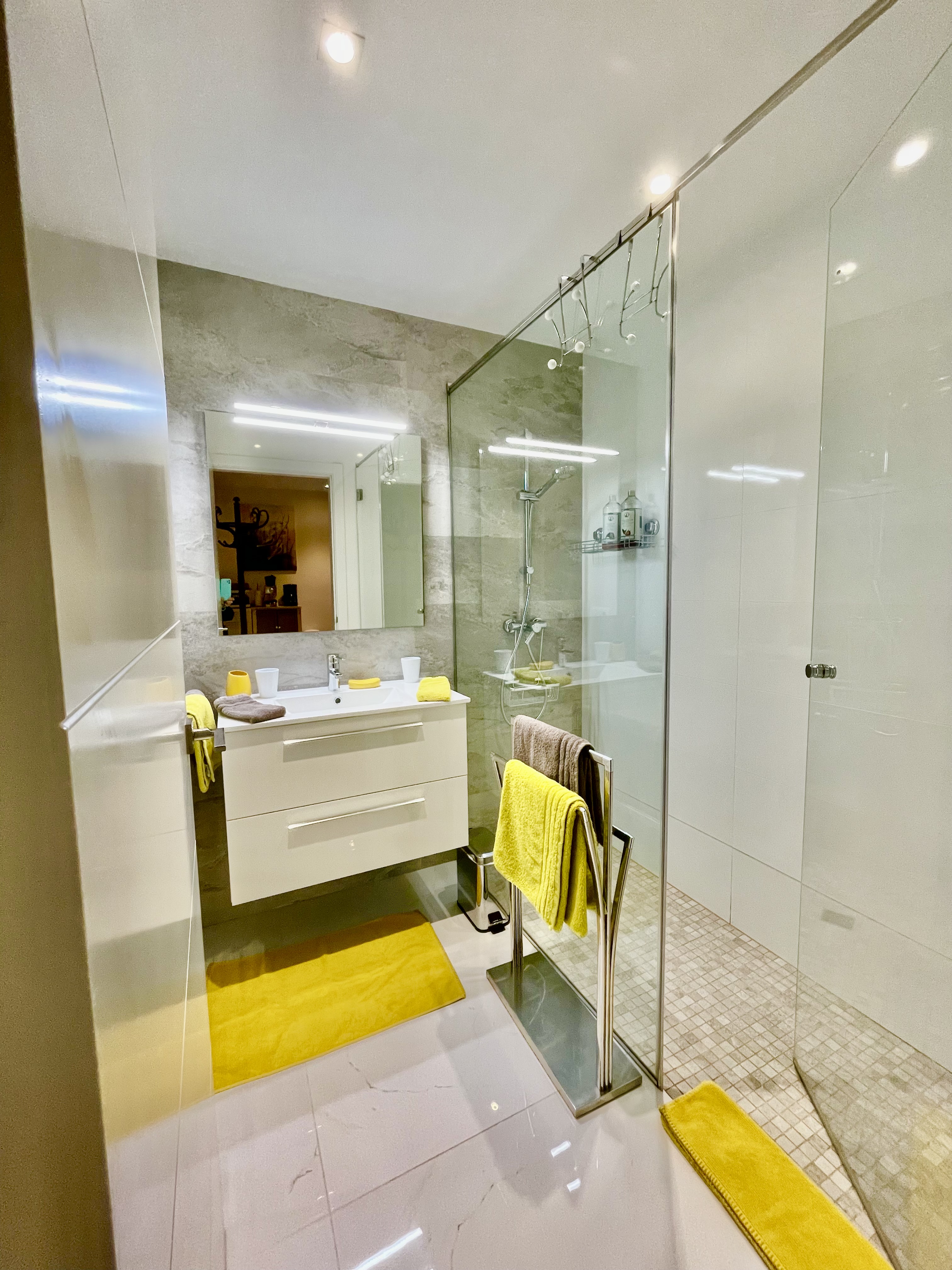 Salle de bain élégante de l'Appartement Bambou avec douche à l'italienne