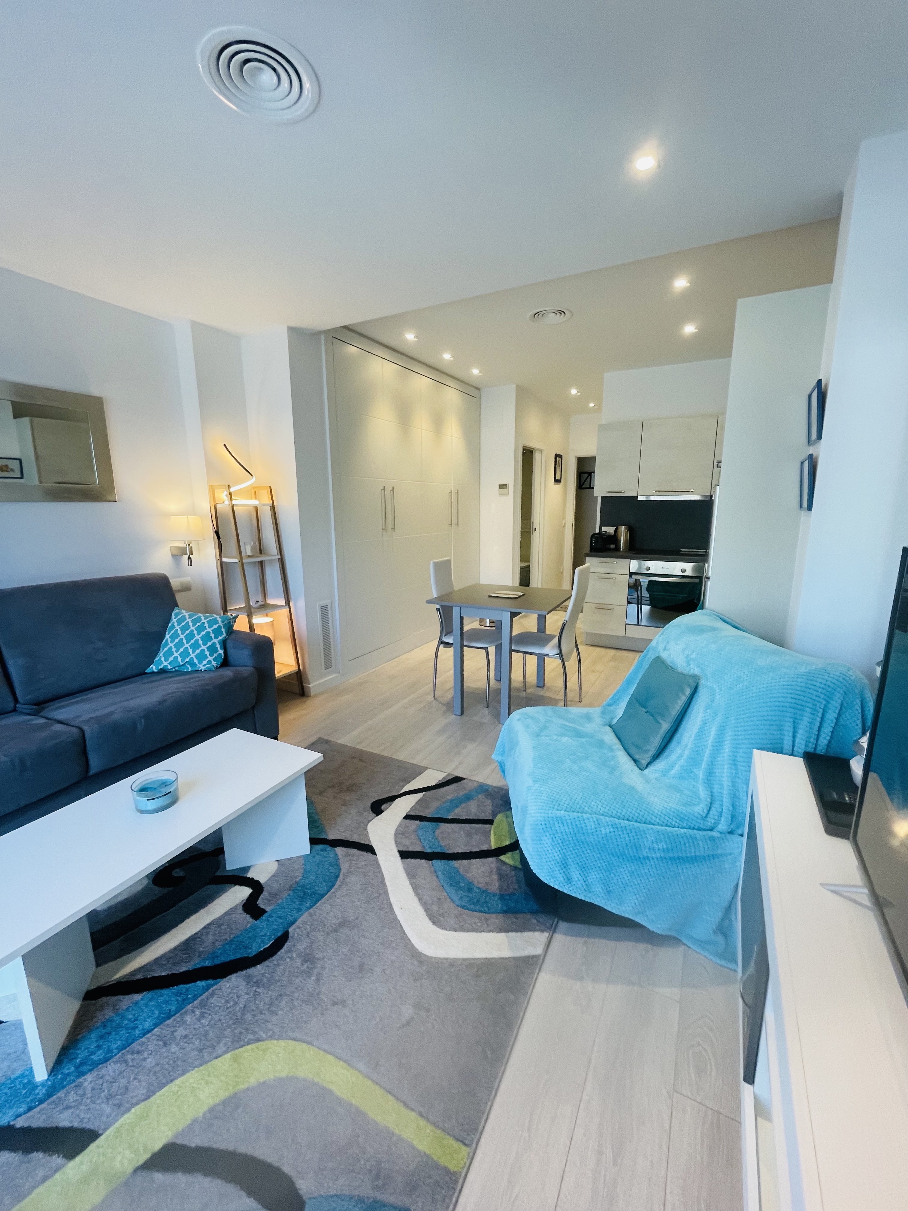 Vue d'ensemble du Studio Turquoise, espace de vie lumineux et confortable